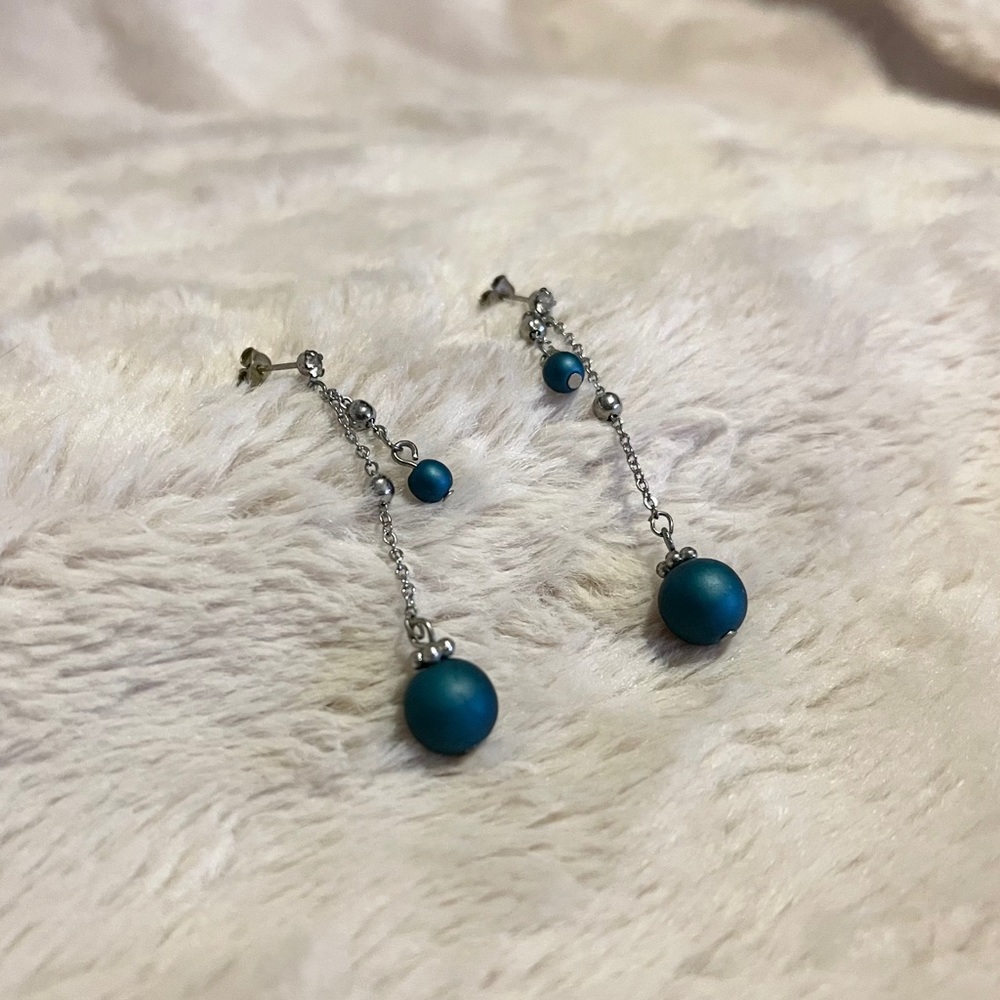 Chain Earrings Pendant Blue Two tier